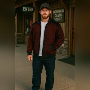 YeoKou XL Wool Cashmere Men's Heavy Cardigan Jacket Maroon Black Plaid Lined